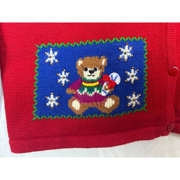 Vtg 90's Christmas Knit Cardigan Sweater Women's XL Red Tree Snowman Snowflakes - Picture 6 of 16